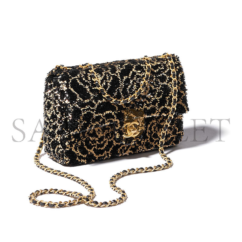 Ch*el flap bag sequins & gold-tone metal golden & black as4561 (21*14*8cm)